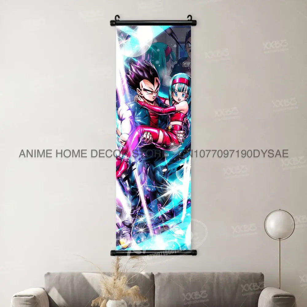 High-definition Dragon Ball Posters hanging scroll wall art featuring Son Goku, Vegeta, and Frieza printed on canvas for home decor.