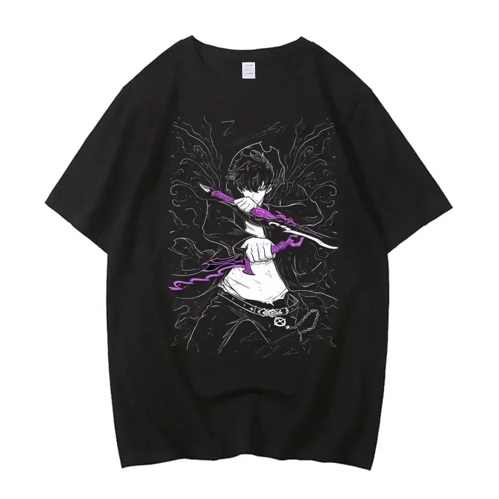 A high-quality Japanese Anime Solo Leveling T Shirt with a Sung Jinwoo cartoon graphic in a Harajuku short sleeve style.