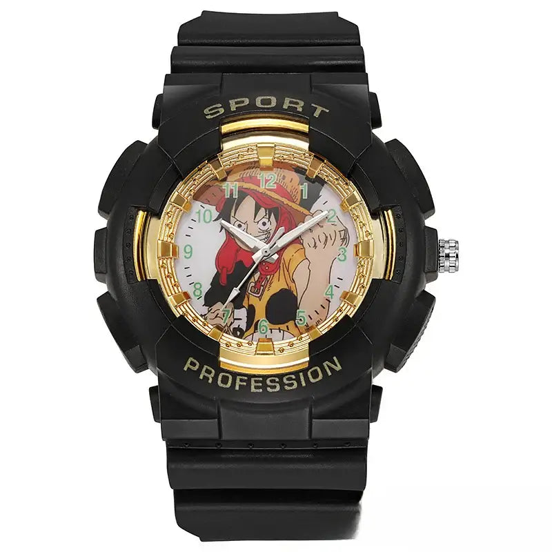 A waterproof One Piece Electronic Watch featuring colorful Monkey D. Luffy anime character art on a durable sports wristband for children.
