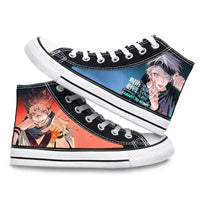Jujutsu Kaisen Canvas Shoes featuring Gojo and Megumi high-top sneakers in black with anime art.