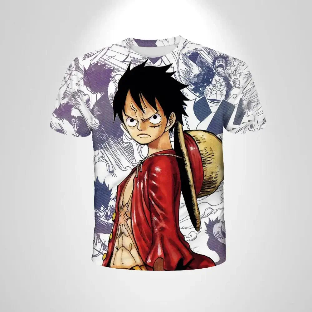 A breathable One Piece Luffy T-shirt featuring a cartoon graphic, designed as a loose-fit casual top for men and boys.