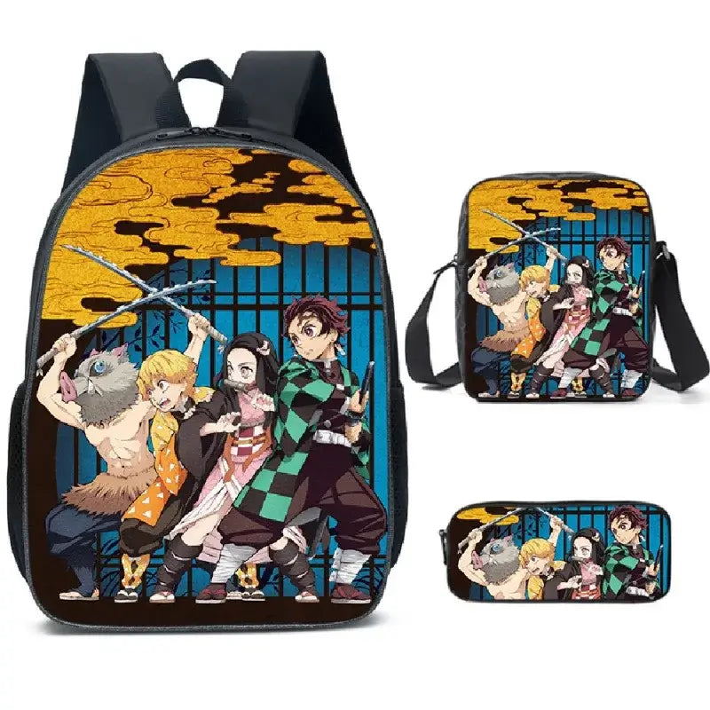 A pink Demon Slayer Backpack 3-piece set featuring Kamado Nezuko anime art, including a schoolbag, shoulder bag, and pencil case for students.