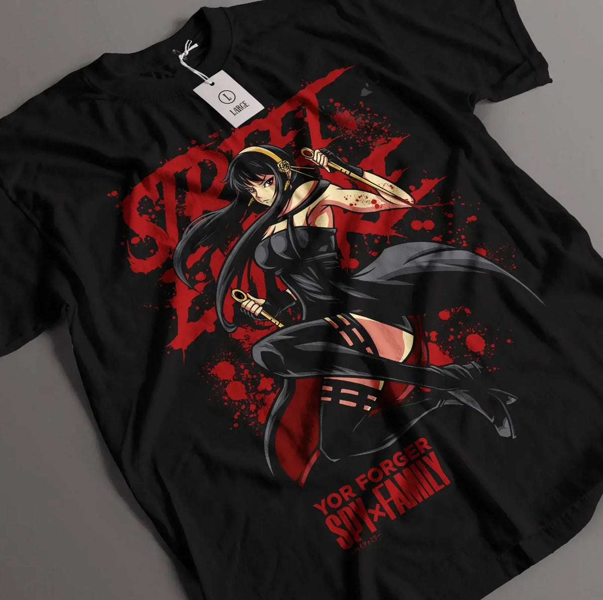 An oversized Spy x Family T-Shirt featuring kawaii graphic art of Yor, Loid, and Anya Forger, designed as trendy women's anime streetwear.