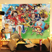 A large One Piece Luffy Tapestry hanging on a bedroom wall, featuring vibrant anime graphic art for men's room decoration.