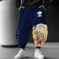 Trendy Luffy Gear 5 Pants featuring a graphic print of Sun God Nika, designed as casual hip-hop sweatpants for men's gym and streetwear fashion.