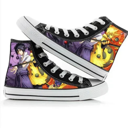 Trendy high-top Naruto Canvas Shoes featuring cool graffiti personality prints of Sasuke Uchiha, Itachi, and Kakashi for men and women.