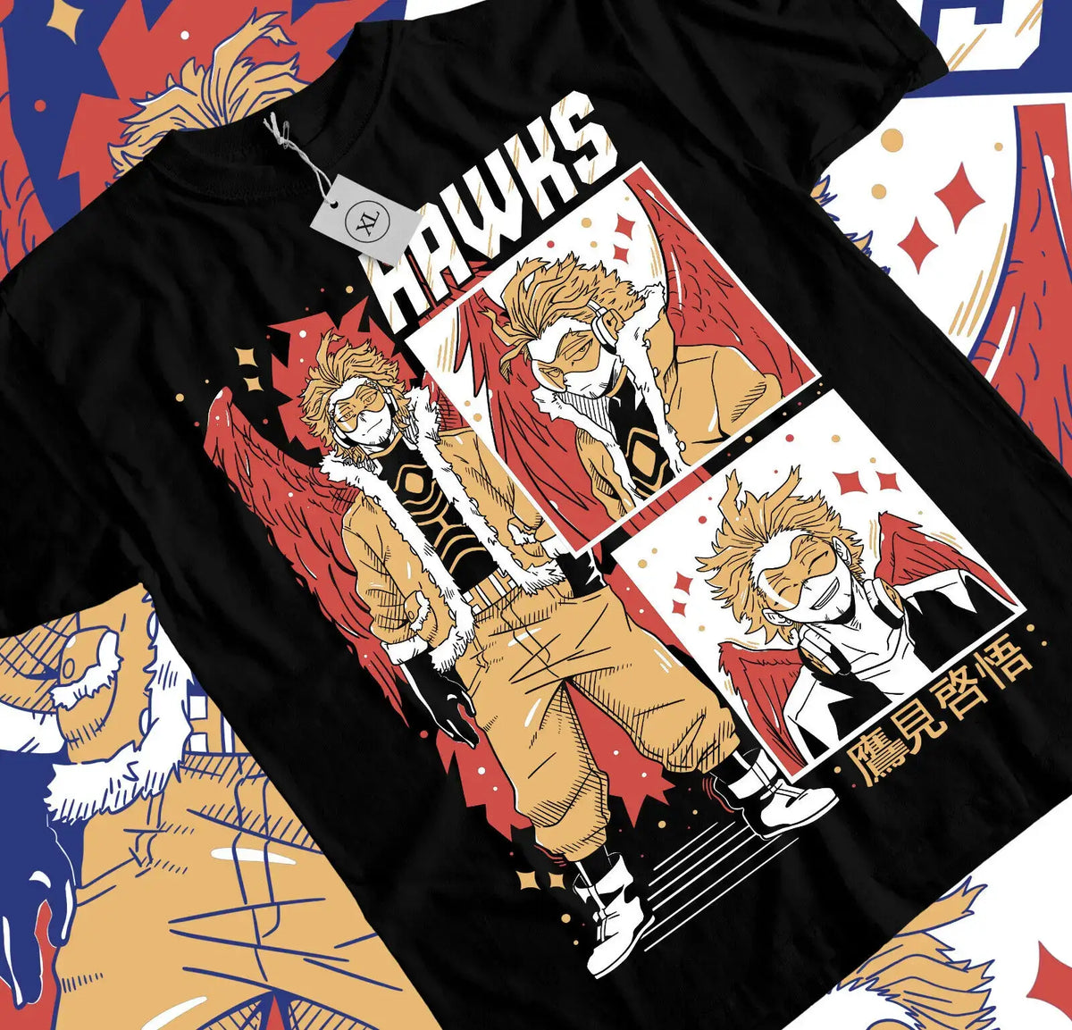 A premium Wing Hero Hawks T-Shirt featuring a dynamic manga graphic of Keigo Takami with fierce red wings, designed for My Hero Academia fans.