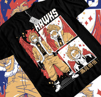 A premium Wing Hero Hawks T-Shirt featuring a dynamic manga graphic of Keigo Takami with fierce red wings, designed for My Hero Academia fans.
