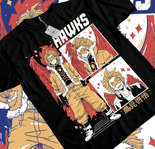 A premium Wing Hero Hawks T-Shirt featuring a dynamic manga graphic of Keigo Takami with fierce red wings, designed for My Hero Academia fans.