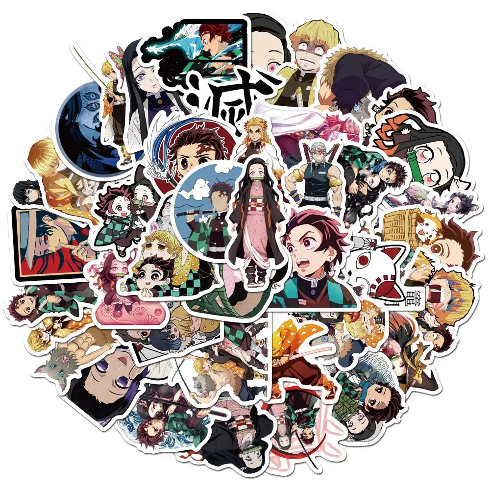 A mixed pack of waterproof Demon Slayer Stickers featuring cute Tanjiro and Nezuko anime art, applied to a laptop and phone case.