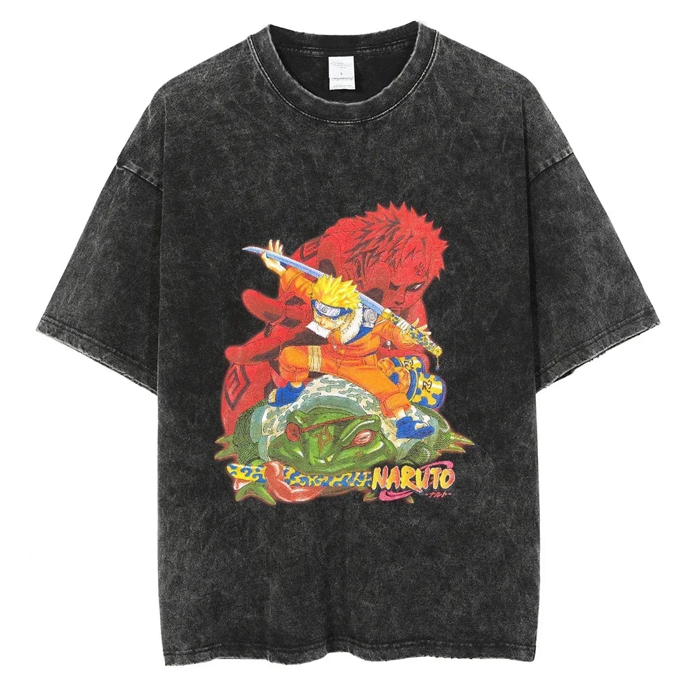 Men's vintage Naruto Rock Lee Streetwear T Shirt in a washed black style, featuring an anime graphic of the taijutsu master.