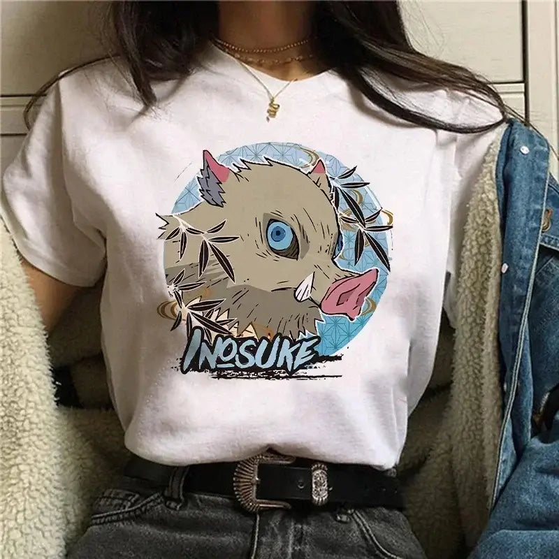 A Demon Slayer T Shirt for Women, a female Kimetsu No Yaiba graphic tee with a Nezuko and Tanjirou Kamado print.