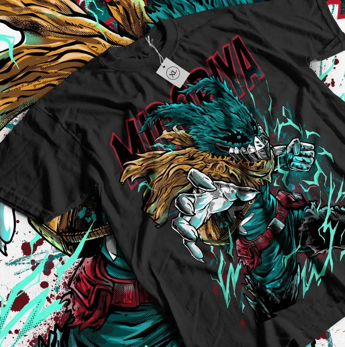 An oversized Deku T-Shirt featuring colorful anime graphic art of Midoriya, Bakugo, and Shoto styled for women's streetwear.