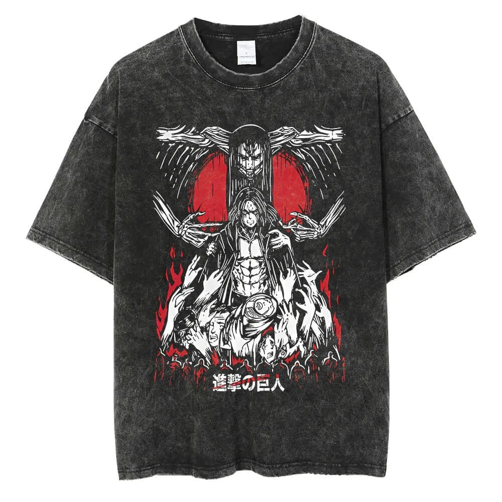 A vintage-washed Eren Jaeger T-Shirt featuring a gritty Attack on Titan manga graphic, styled as oversized Harajuku streetwear for men and women.