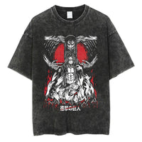 A vintage-washed Eren Jaeger T-Shirt featuring a gritty Attack on Titan manga graphic, styled as oversized Harajuku streetwear for men and women.