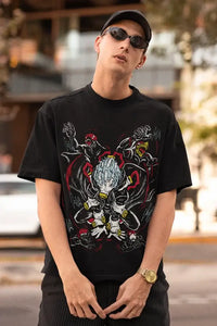 A premium Tomura Shigaraki T-shirt featuring a custom graphic of the League of Villains leader with hand motifs, designed as an anime gift.