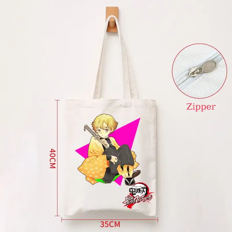 A durable Demon Slayer Canvas Bag featuring Kamado Nezuko and Tanjiro anime graphics, designed as a zipper tote for students and shoppers.
