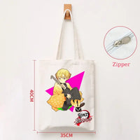 A durable Demon Slayer Canvas Bag featuring Kamado Nezuko and Tanjiro anime graphics, designed as a zipper tote for students and shoppers.
