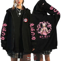 A casual loose Harajuku Fashion Anime Cartoon Demon Slayer Pattern Print Sweatshirt and fleece zipper hoodie for men and women.