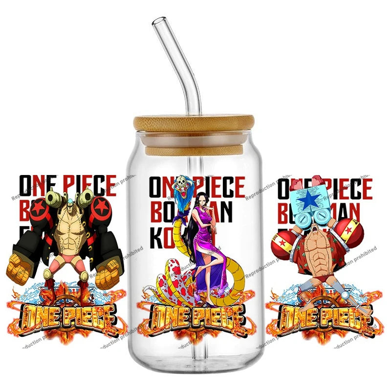 A collection of the newest 31 designs of popular One Piece UV DTF Stickers for a 16oz glass cup.