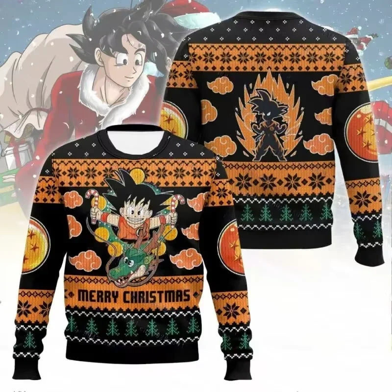 A vibrant Dragon Ball 3D Sweatshirt featuring Goku Super Saiyan art, styled as a Christmas jersey for men and children.