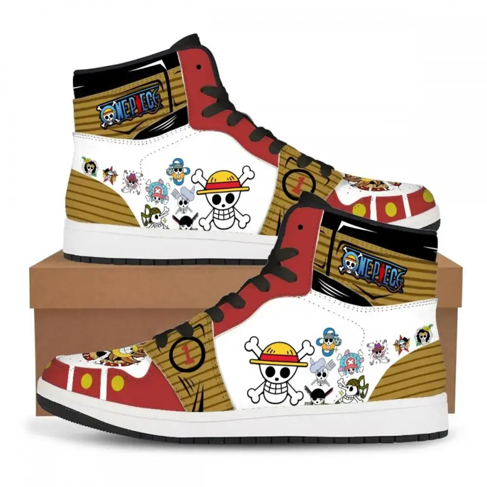 A pair of custom One Piece Basketball Shoes featuring anime designs of Luffy and Zoro, suitable as unisex sneakers.