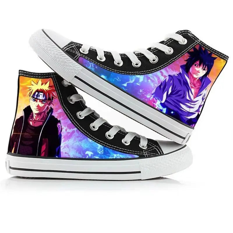 Trendy high-top Naruto Canvas Shoes featuring cool graffiti personality prints of Sasuke Uchiha, Itachi, and Kakashi for men and women.