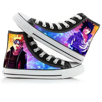 Trendy high-top Naruto Canvas Shoes featuring cool graffiti personality prints of Sasuke Uchiha, Itachi, and Kakashi for men and women.