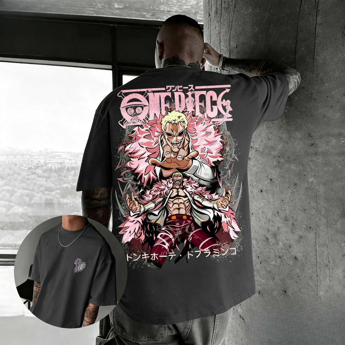 One Piece Doflamingo Hip Hop Anime T-Shirt 2026 summer loose cotton parent-child street top