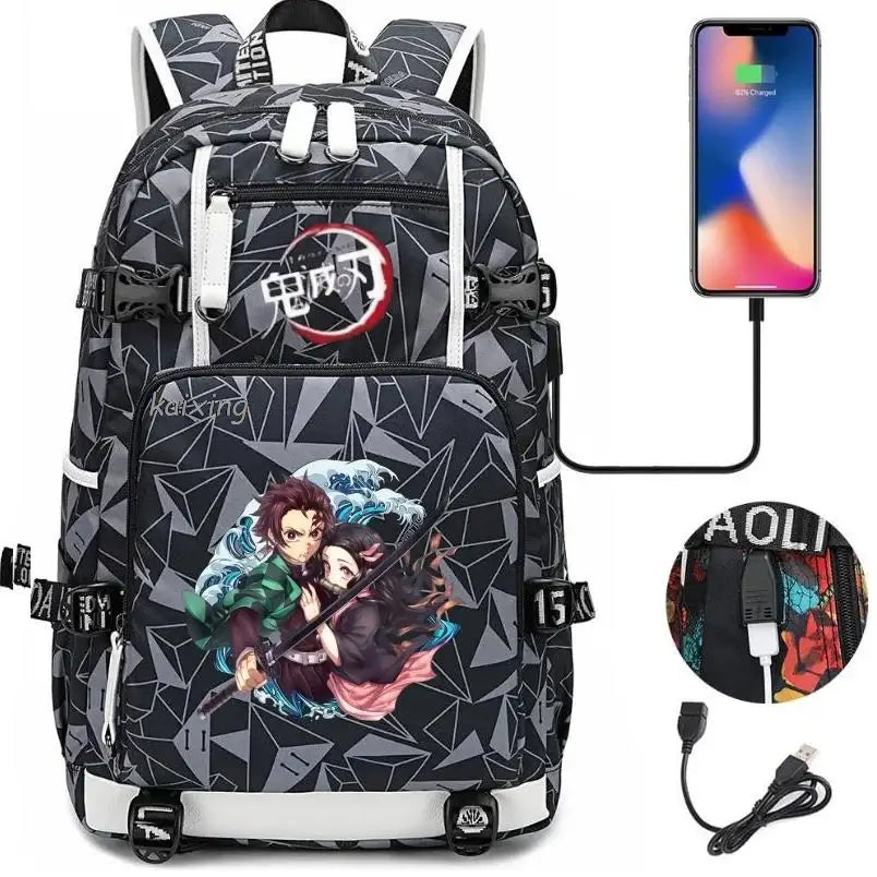 A pink and black Nezuko Demon Slayer Backpack featuring a USB charging port and kawaii anime character art, designed for teen girls and students.