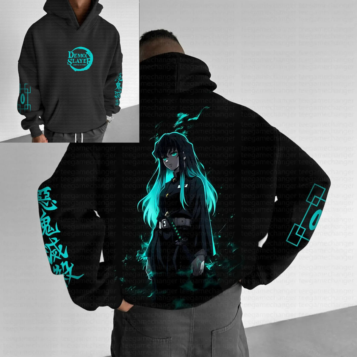 Close-up of Mitsuri Kanroji Love Hashira Graphic Hoodie print detail Demon Slayer anime fashion