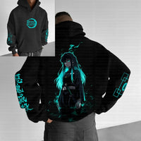 Close-up of Mitsuri Kanroji Love Hashira Graphic Hoodie print detail Demon Slayer anime fashion