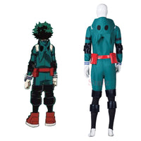 A complete unisex Anime My Hero Academia Midoriya Izuku Deku Battle Cosplay Costume set, with the green Halloween wig hair.