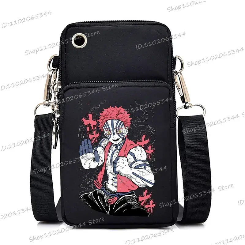 A trendy Demon Slayer Phone Bag featuring anime art of Nezuko Kamado and Mitsuri Kanroji, designed as a Harajuku mini crossbody purse for women and men.