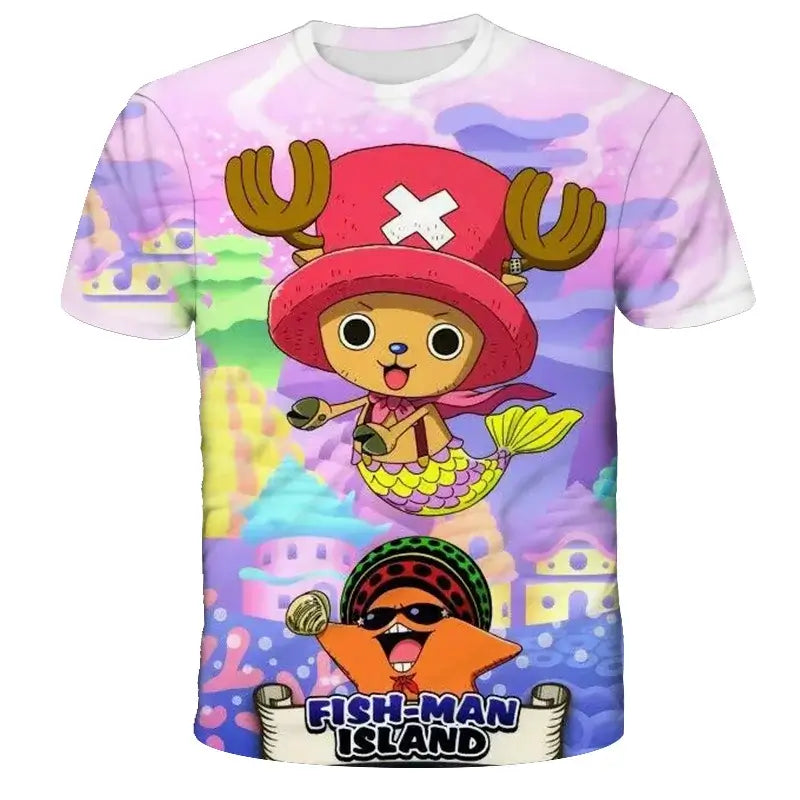 A 3D printed One Piece Luffy T-Shirt featuring a dynamic cartoon cosplay graphic of Monkey D. Luffy for boys' summer fashion.