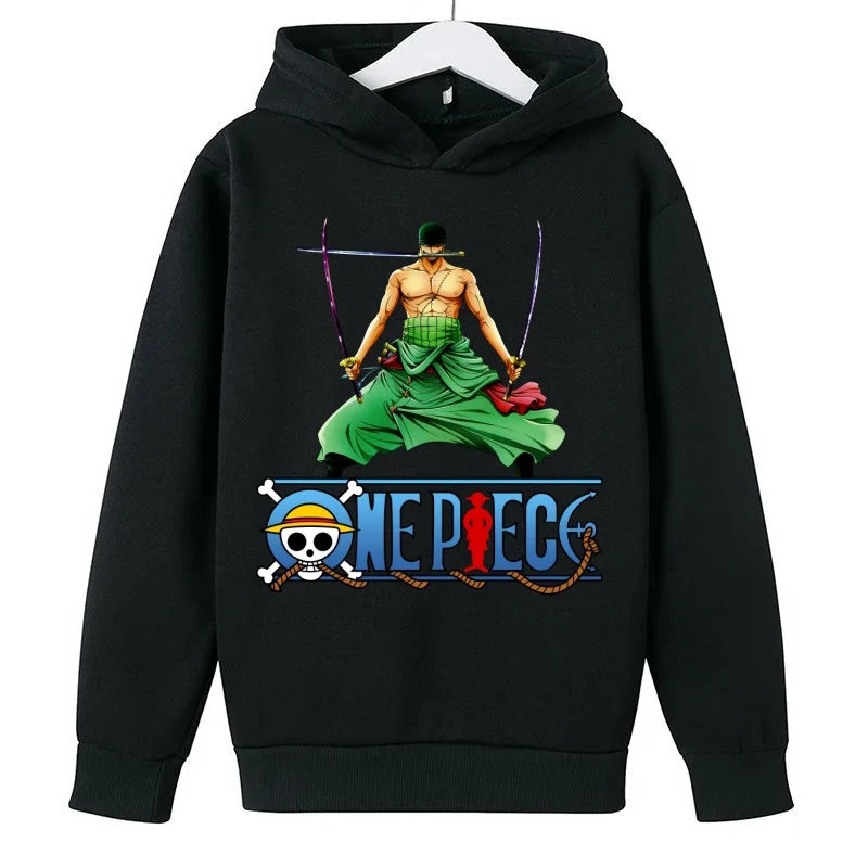 A trendy One Piece Kids Hoodie featuring cartoon graphic prints of Luffy and Zoro, designed as a casual spring and autumn pullover for children.