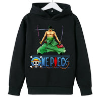 A trendy One Piece Kids Hoodie featuring cartoon graphic prints of Luffy and Zoro, designed as a casual spring and autumn pullover for children.