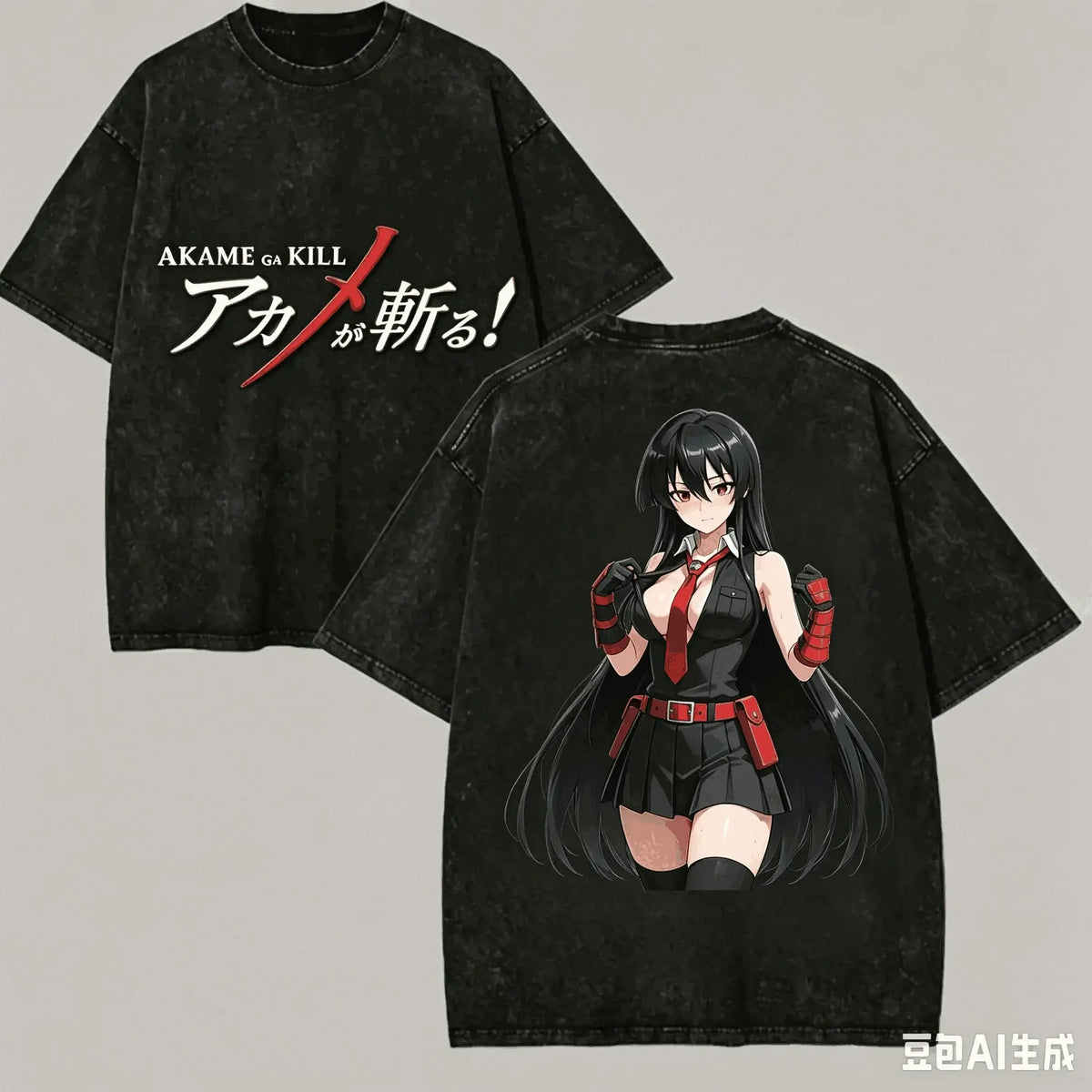 Akame ga Kill Washed Anime T-Shirt featuring character design, oversized Harajuku tee in black.