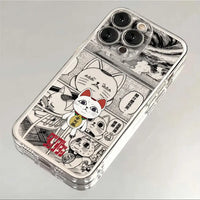 A transparent soft TPU Dandadan Phone Case featuring cute anime art of Okarun and Momo Ayase, compatible with Apple iPhone 16e, 15, and 14 Pro Max.