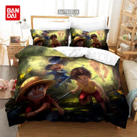 A Bandai One Piece Bedding Set featuring Monkey D. Luffy on a duvet cover and pillowcases, designed for anime bedroom decoration.