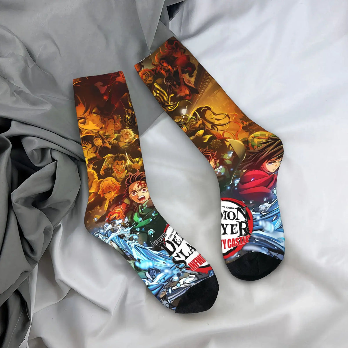 Breathable Demon Slayer Socks featuring Nezuko Kamado and Giyu Tomioka patterns, designed as trendy non-slip skateboard stockings for men and women.