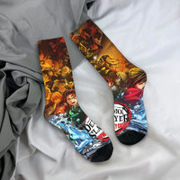 Breathable Demon Slayer Socks featuring Nezuko Kamado and Giyu Tomioka patterns, designed as trendy non-slip skateboard stockings for men and women.