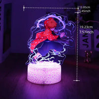 A glowing Demon Slayer 3D Lamp featuring an acrylic Tanjiro and Nezuko figure design, illuminated in blue LED light for bedroom decor.