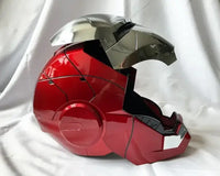 A wearable AutoKing Iron Man Helmet (Mk5) featuring voice-controlled opening face plates and glowing LED eyes for adult cosplay and display.