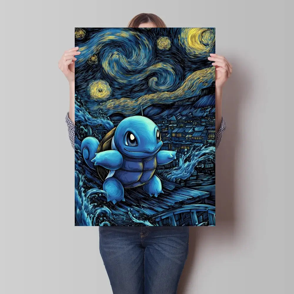 A stunning Van Gogh Pokemon Wall Art piece featuring Pikachu painted in a Starry Night impressionist style for unique home decoration.