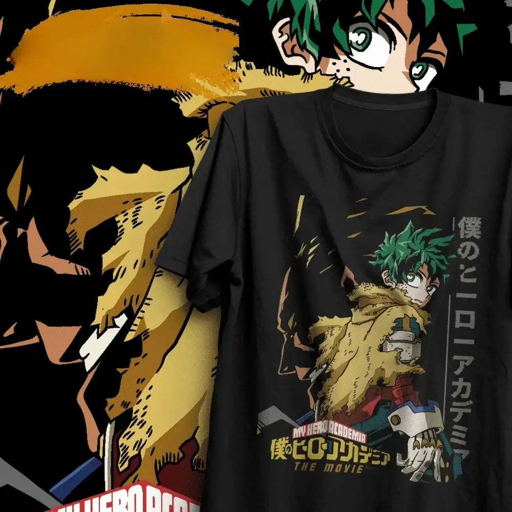 A high-quality Deku Vigilante T-Shirt featuring a manga panel graphic of Dark Deku, styled as Y2K anime fashion for women and men.