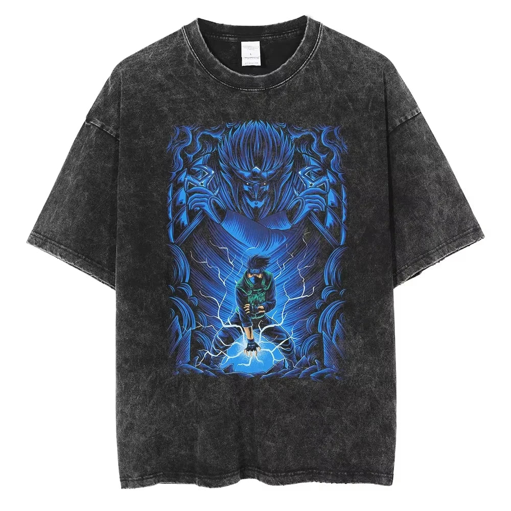 A washed black Naruto Vintage T-Shirt featuring a hip hop style anime print, designed as Harajuku streetwear for men and women.