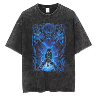 A washed black Naruto Vintage T-Shirt featuring a hip hop style anime print, designed as Harajuku streetwear for men and women.