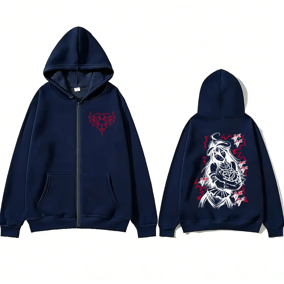 Albedo Overlord Vintage Zip Up Hoodie showcasing front and back designs in navy blue with fleece material.
