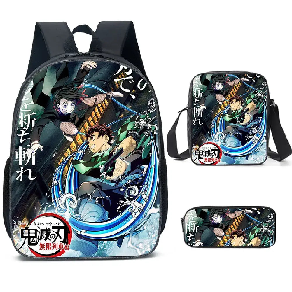 A pink Demon Slayer Backpack 3-piece set featuring Kamado Nezuko anime art, including a schoolbag, shoulder bag, and pencil case for students.